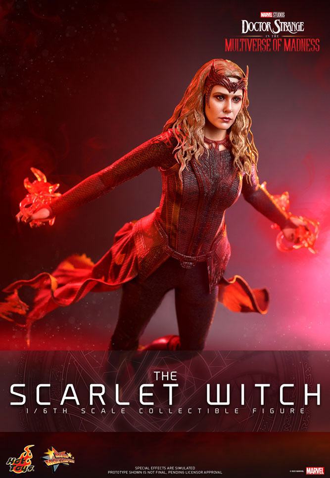 Vista frontal de Scarlet Witch con poderes rojos y base de exposición.