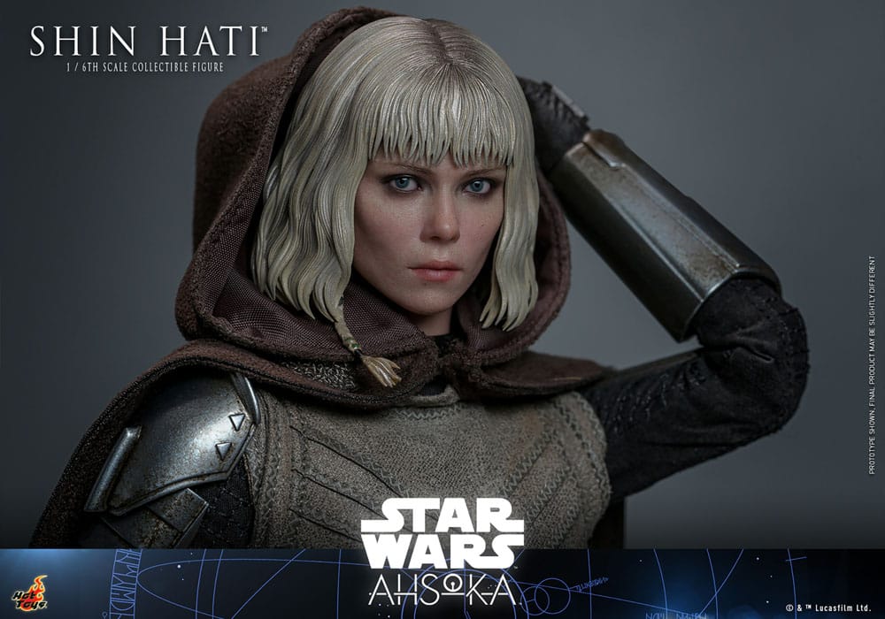 Shin Hati Hot Toys con sable LED, droide, base expositora y accesorios incluidos.
