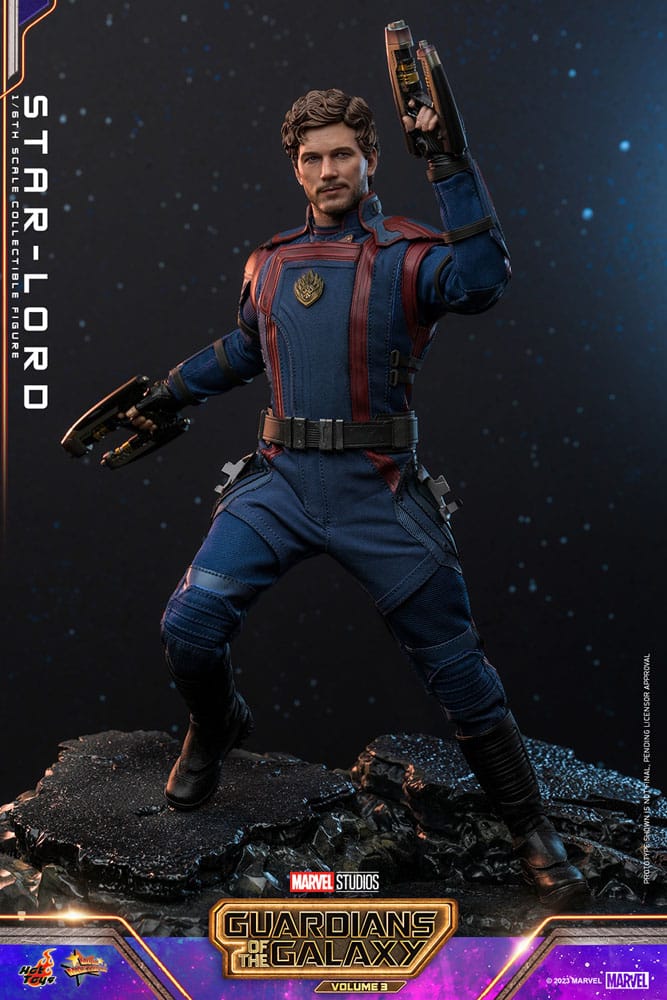 Figura Star-Lord con blásters y base expositora Hot Toys Marvel 1/6 escala.