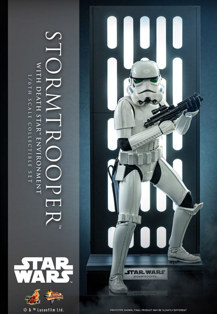 Stormtrooper articulado con base y panel iluminado LED de Hot Toys – detalle del entorno.