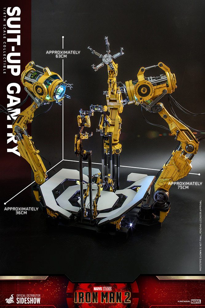 Detalles mecánicos del Suit-Up Gantry Hot Toys – Accesorios para Iron Man escala 1/4