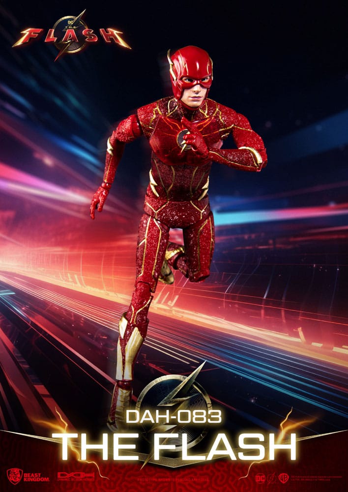 Figura articulada The Flash escala 1/9 con traje rojo cinematográfico y efectos de rayos.