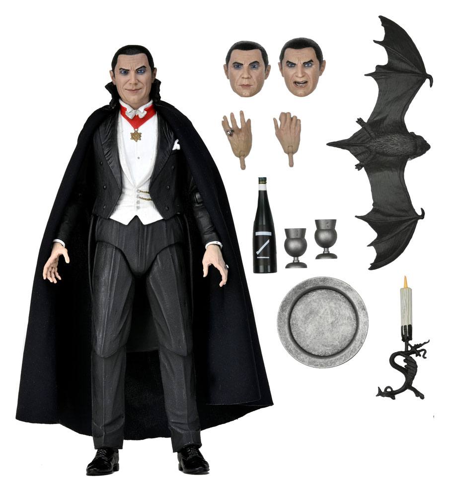 Figura Drácula NECA Universal Monsters con murciélago y candelabro.