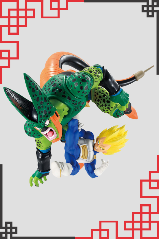 Figura de Cell sujetando a Vegeta en una escena de batalla intensa de Dragon Ball Z.