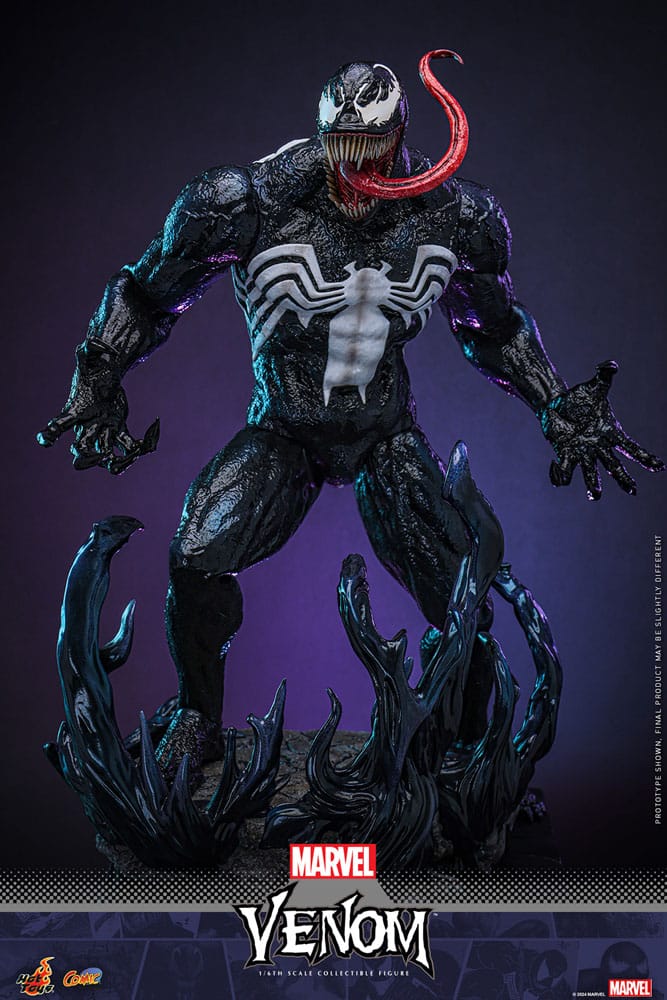 Figura Venom Comic 1/6 de Hot Toys en pose frontal con fondo morado y logo Marvel