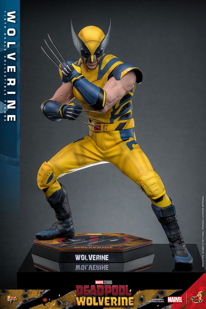Wolverine en pose dinámica con traje clásico, máscara y garras intercambiables.