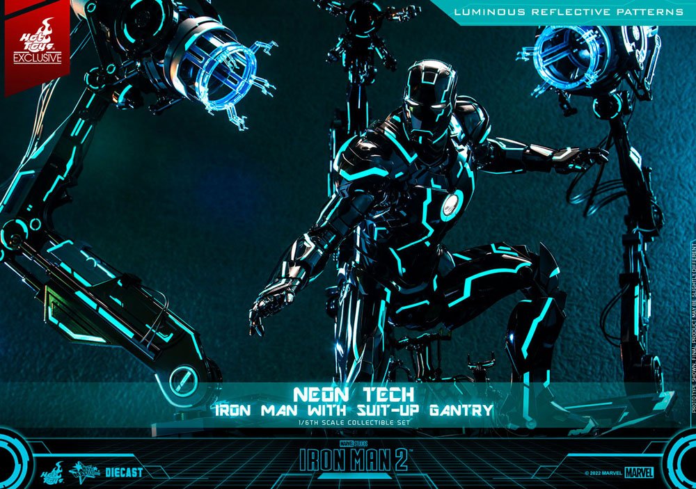IRON MAN 2 FIGURA 1/6 NEON TECH WITH SUIT-UP GANTRY 49 CM - HOT TOYS – EDICIÓN EXCLUSIVA DIECAST