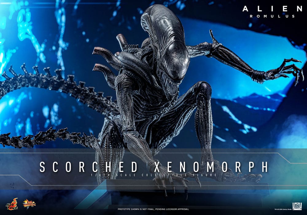 Embalaje y presentación de la figura Scorched Xenomorph de Hot Toys con base expositora