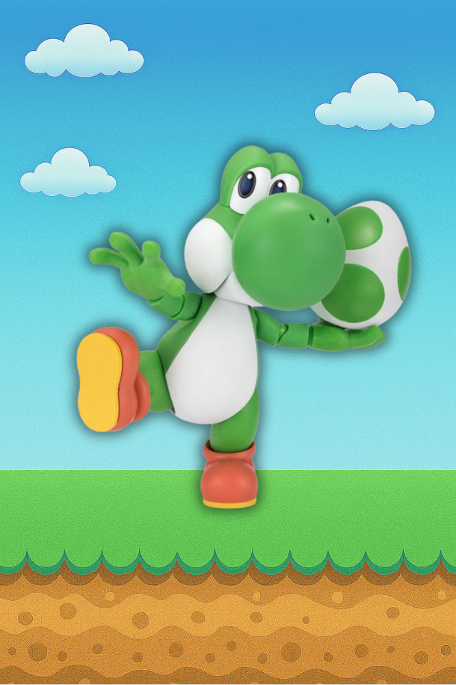Figura articulada de Yoshi S.H. Figuarts de Bandai con fondo estilo videojuego.