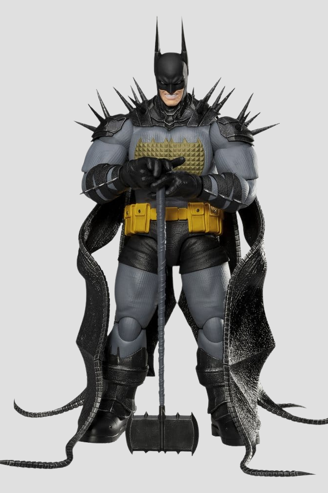 Figura articulada Absolute Batman de Beast Kingdom Dynamic 8ction Heroes DAH-186 de 22 cm, con armadura gris y negra, capa, cinturón amarillo y hacha de batalla.
