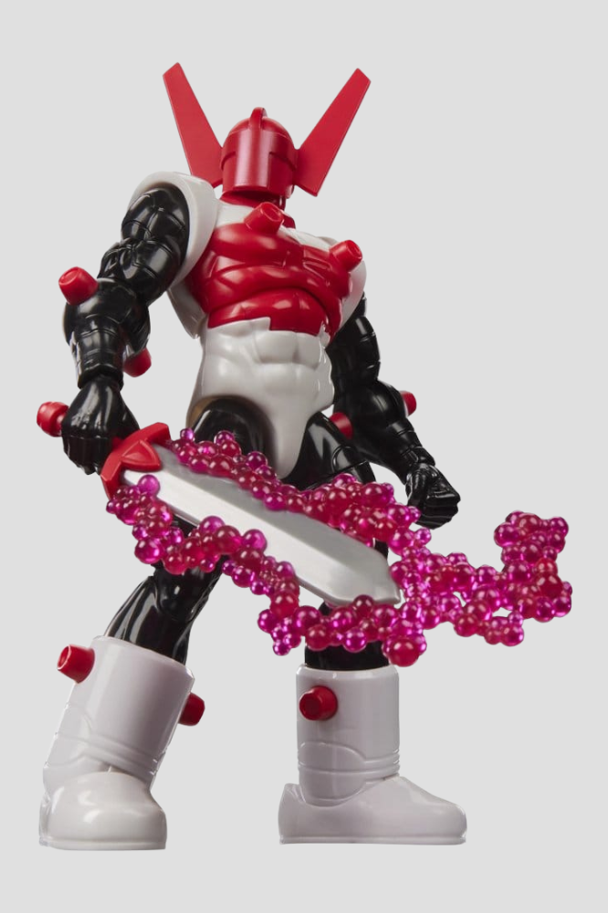 Figura articulada Acroyear de The Micronauts Marvel Legends Hasbro de 15 cm, con armadura roja, negra y blanca, espada de energía y cómic en miniatura.
