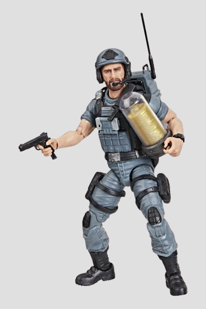 Figura articulada de Alvin Breaker Kibbey de G.I. Joe Classified Series #158 de Hasbro, 15 cm, con uniforme táctico azul grisáceo, casco, mochila de comunicaciones y accesorios.