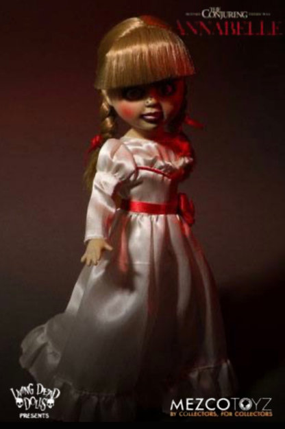 Muñeca Annabelle Living Dead Dolls de Mezco Toyz de aproximadamente 25 cm, con vestido blanco y rojo inspirado en el personaje de The Conjuring.