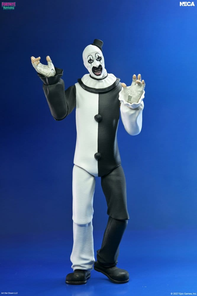Figura de Art the Clown de Fortnite Fortnitemares de NECA de aproximadamente 18 cm, con su característico traje de payaso blanco y negro.