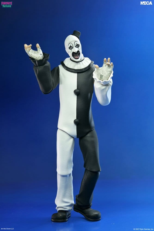 Figura de Art the Clown de Fortnite Fortnitemares de NECA de aproximadamente 18 cm, con su característico traje de payaso blanco y negro.