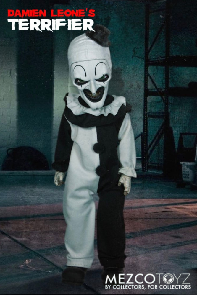 Muñeco Art the Clown de Terrifier LDD Presents de Mezco Toyz de aproximadamente 25 cm con traje de payaso blanco y negro y accesorio de cuchillo de carnicero.