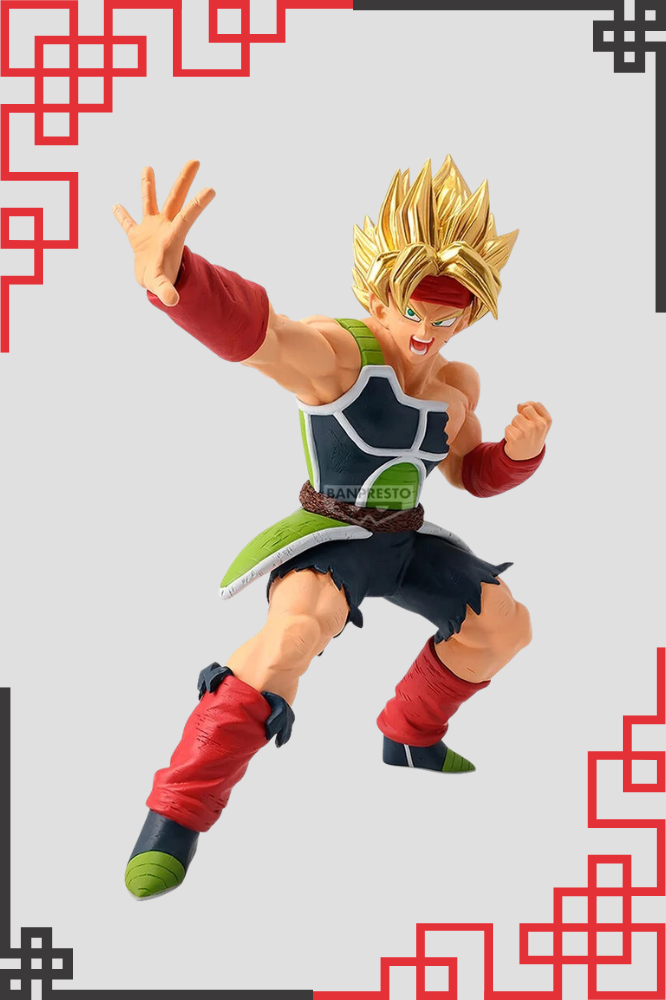 Figura Bardock Super Saiyan de Dragon Ball Z, colección Blood of Saiyans de Banpresto, 20 cm de altura, con cabello dorado, armadura Saiyan verde y negra, cinta roja y postura de ataque.