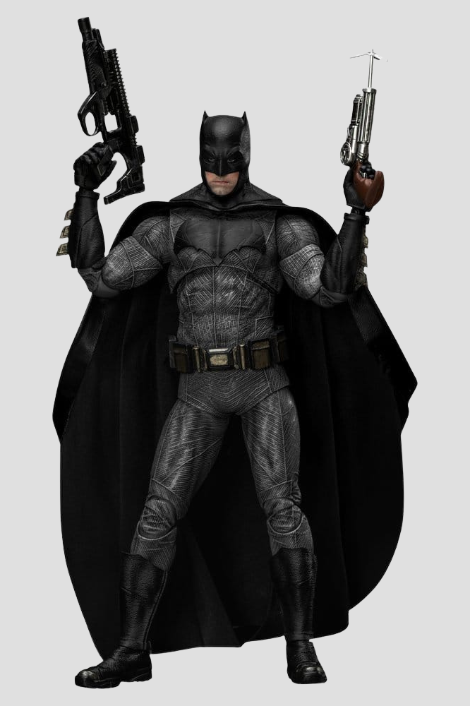 Figura articulada Batman 2.0 de Batman v Superman Dawn of Justice de Beast Kingdom con traje gris y negro, capa de tela y accesorios.