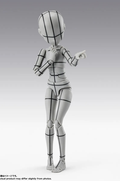 Figura articulada Body-Chan Ken Sugimori Edition Wireframe Gray de Bandai S.H.Figuarts, con líneas guía corporales y diseño femenino pensado como referencia para artistas e ilustradores.