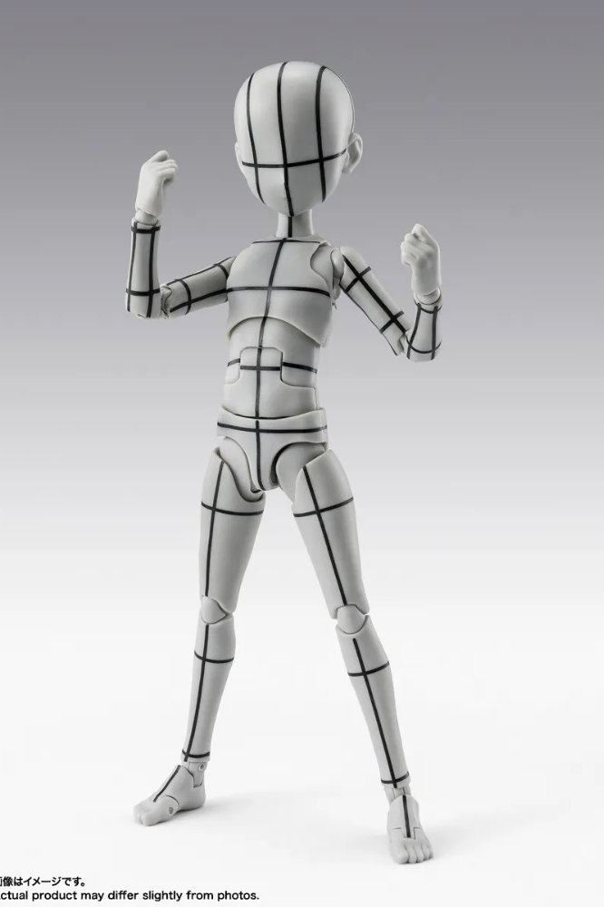 Figura articulada Body-Kun Ken Sugimori Edition Wireframe Gray de Bandai S.H.Figuarts, con líneas guía corporales y diseño pensado como referencia para artistas e ilustradores.