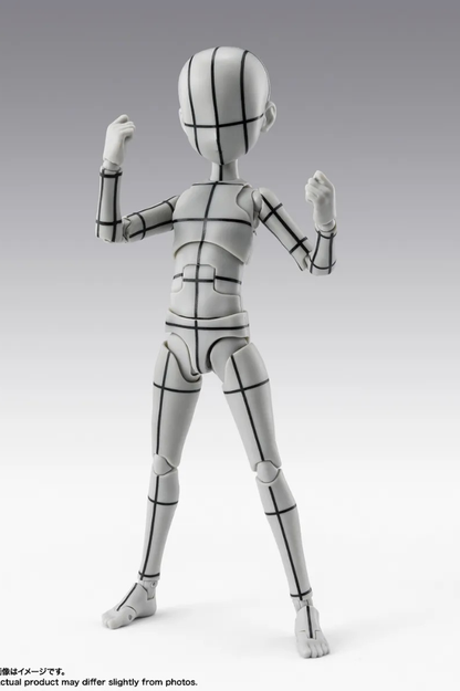 Figura articulada Body-Kun Ken Sugimori Edition Wireframe Gray de Bandai S.H.Figuarts, con líneas guía corporales y diseño pensado como referencia para artistas e ilustradores.