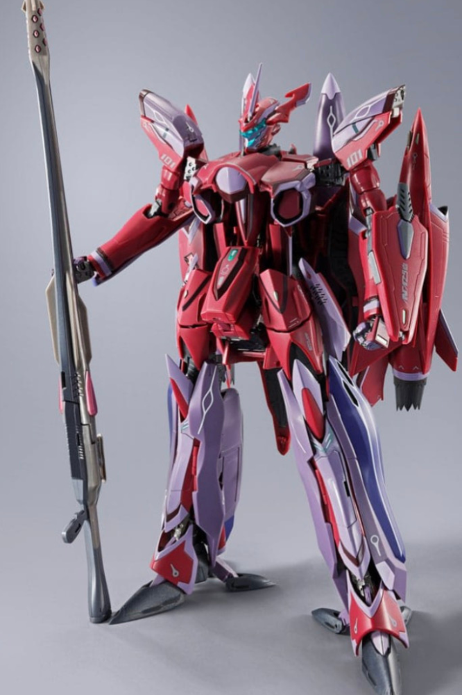 Figura DX Chogokin del VF-27 Gamma SP Super Lucifer Valkyrie Use Revival Ver. pilotado por Brera Sterne en Macross Frontier, modelo diecast de Tamashii Nations con transformación y 25 cm de altura.