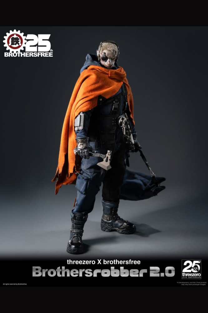Figura Brothers Robber 2.0 de Brothersfree a escala 1/6 fabricada por Threezero, con vestuario táctico, capa naranja y aproximadamente 33,6 cm de altura.