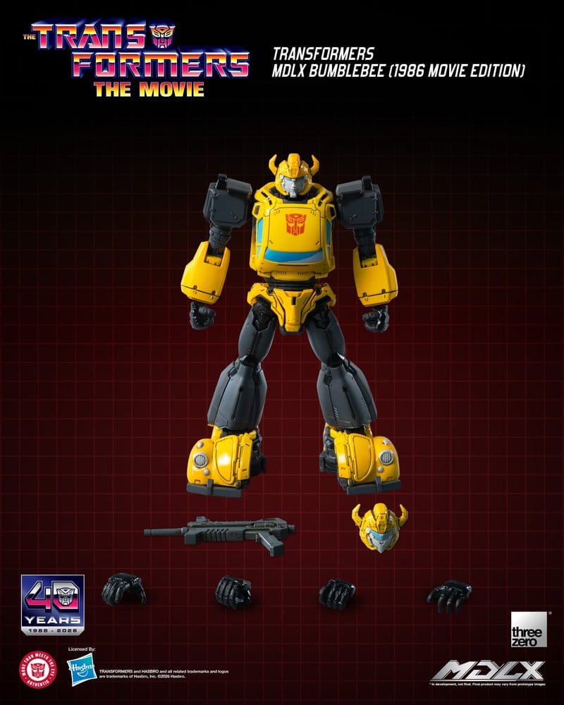 Vista de cuerpo completo de la figura MDLX Bumblebee (1986 Movie Edition) mostrando su gran articulación y diseño clásico.