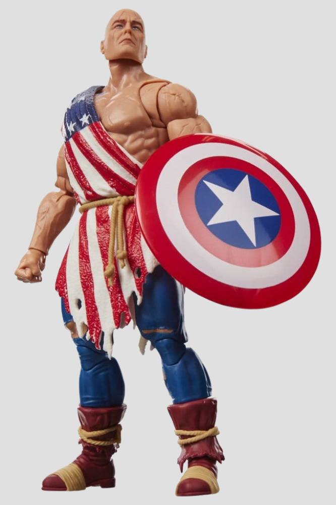 Figura articulada Captain America Earth X de Marvel Legends Hasbro de 15 cm, con bandera estadounidense desgarrada, escudo, cabeza y manos intercambiables y cómic en miniatura.