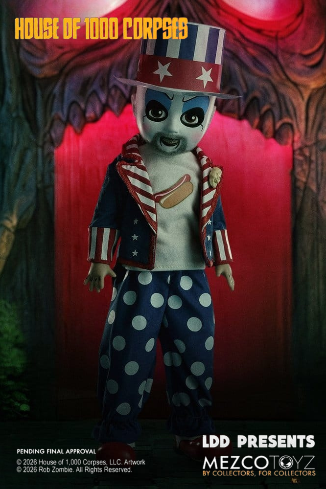 Figura de Captain Spaulding de La Casa de los 1000 Cadáveres de la línea LDD Presents de Mezco Toyz, con su característico traje y maquillaje de payaso.