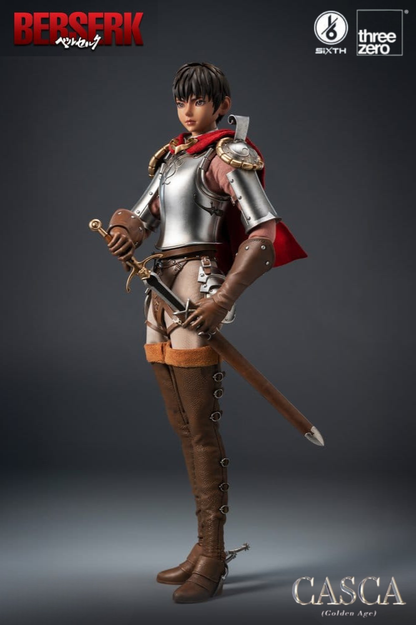 Figura de Casca Golden Age de Berserk a escala 1/6 fabricada por Threezero, con armadura, capa roja y aproximadamente 28 cm de altura.