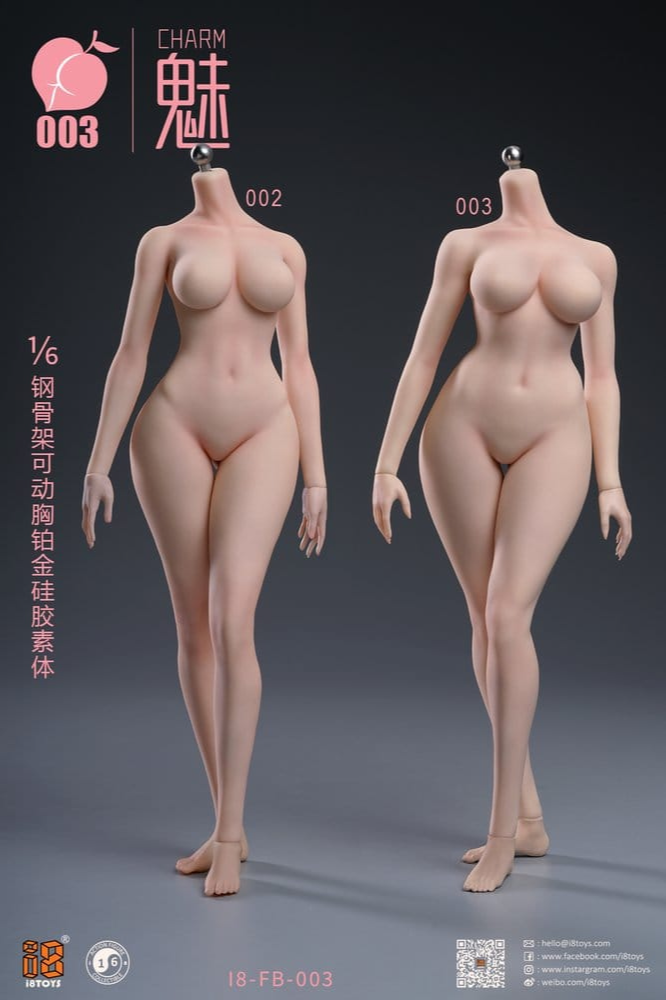 Cuerpo femenino Charm 003 de I8TOYS a escala 1/6 fabricado en silicona de platino, con estructura interna de acero, diseño sin costuras y pecho articulado.