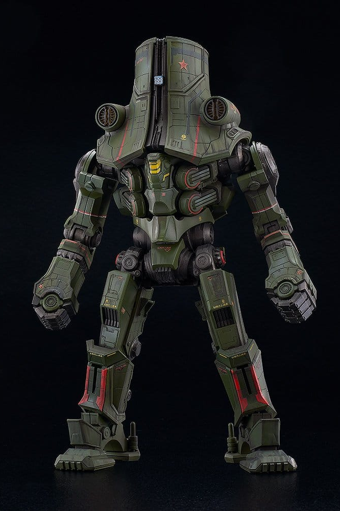 Maqueta Moderoid Cherno Alpha de Pacific Rim de Good Smile Company, 22 cm, con armadura verde militar, estructura robusta, cabeza cilíndrica y brazos articulados.