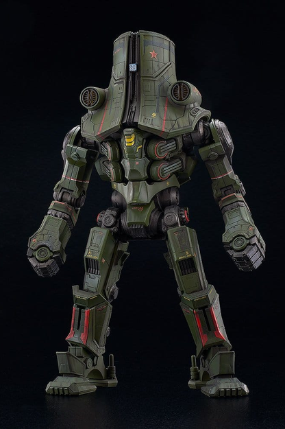 Maqueta Moderoid Cherno Alpha de Pacific Rim de Good Smile Company, 22 cm, con armadura verde militar, estructura robusta, cabeza cilíndrica y brazos articulados.