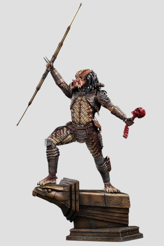 Estatua City Hunter de Predator 2 Art Scale 1/10 de Iron Studios, fabricada en resina, con aproximadamente 43 cm de altura y cabeza alternativa.