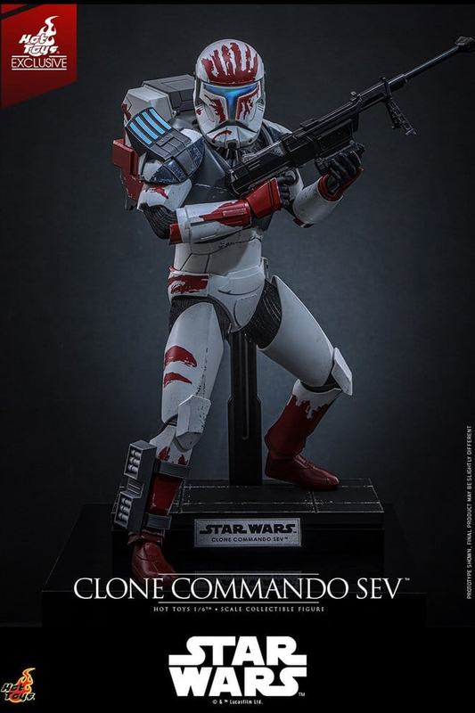 Figura Clone Commando Sev RC-1207 de Star Wars The Clone Wars a escala 1/6 de Hot Toys con armadura blanca, gris y roja.