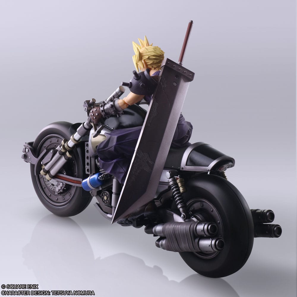 Figura articulada de Cloud Strife con la Buster Sword junto a la motocicleta Hardy-Daytona – Final Fantasy VII