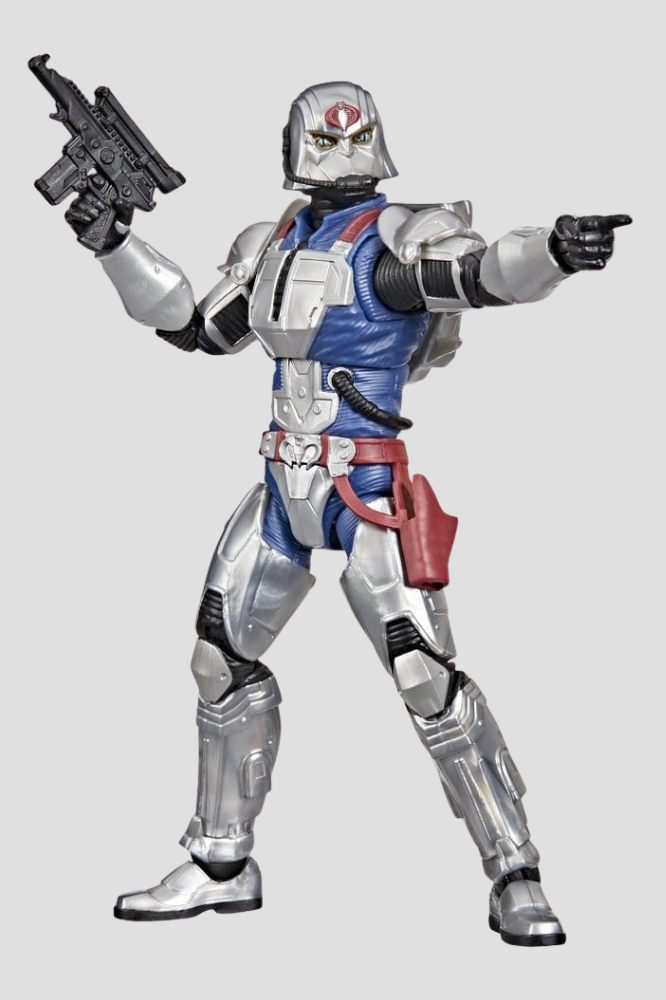 Figura articulada Cobra Commander With Combat Armor G.I. Joe Classified Series número 168 de Hasbro, de 15 cm, con armadura plateada, detalles azules y rojos y accesorios intercambiables.