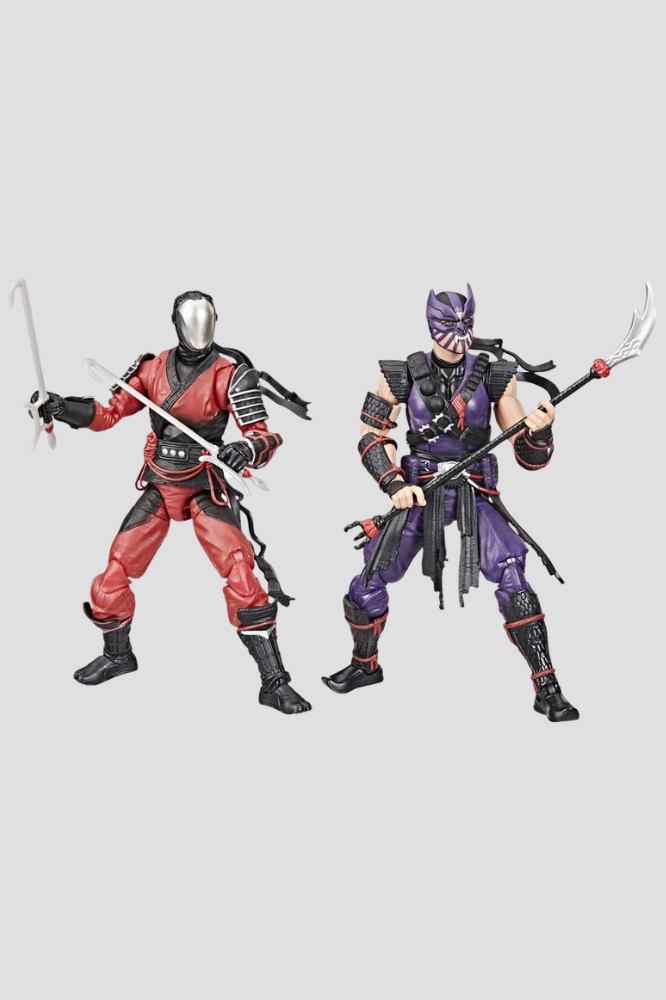 Pack de dos figuras articuladas Cobra Ninjas Slice y Dice de G.I. Joe Classified Series de Hasbro, de 15 cm, con trajes ninja rojo y morado, armas y accesorios intercambiables.