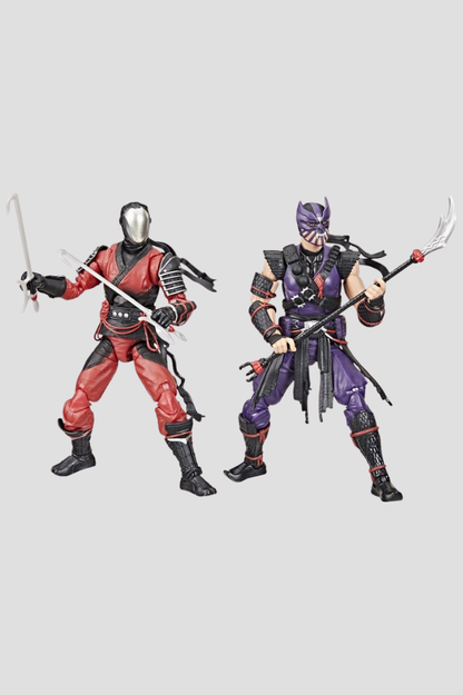 Pack de dos figuras articuladas Cobra Ninjas Slice y Dice de G.I. Joe Classified Series de Hasbro, de 15 cm, con trajes ninja rojo y morado, armas y accesorios intercambiables.