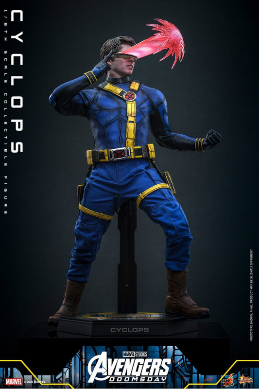 Figura Hot Toys de Cyclops basada en Avengers: Doomsday, a escala 1/6 y aproximadamente 30 cm de altura.