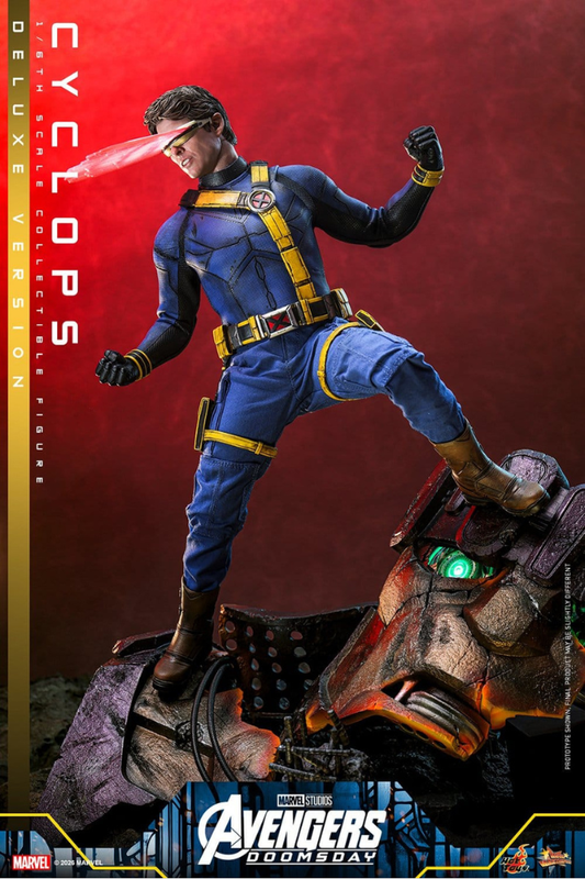 Figura Hot Toys de Cyclops Deluxe Version basada en Avengers: Doomsday, a escala 1/6 y aproximadamente 30 cm de altura.