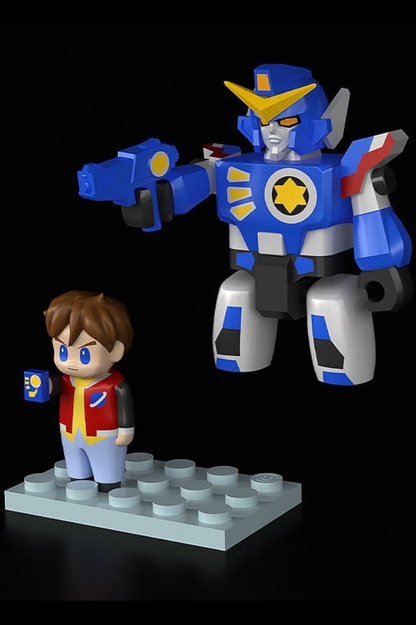 Pack de dos figuras Brickroid de Da-Garn y Seiji Takasugi de The Brave Fighter of Legend Da-Garn, fabricadas por Good Smile Company, con diseño de bloques, robot azul y blanco y personaje con chaqueta roja.