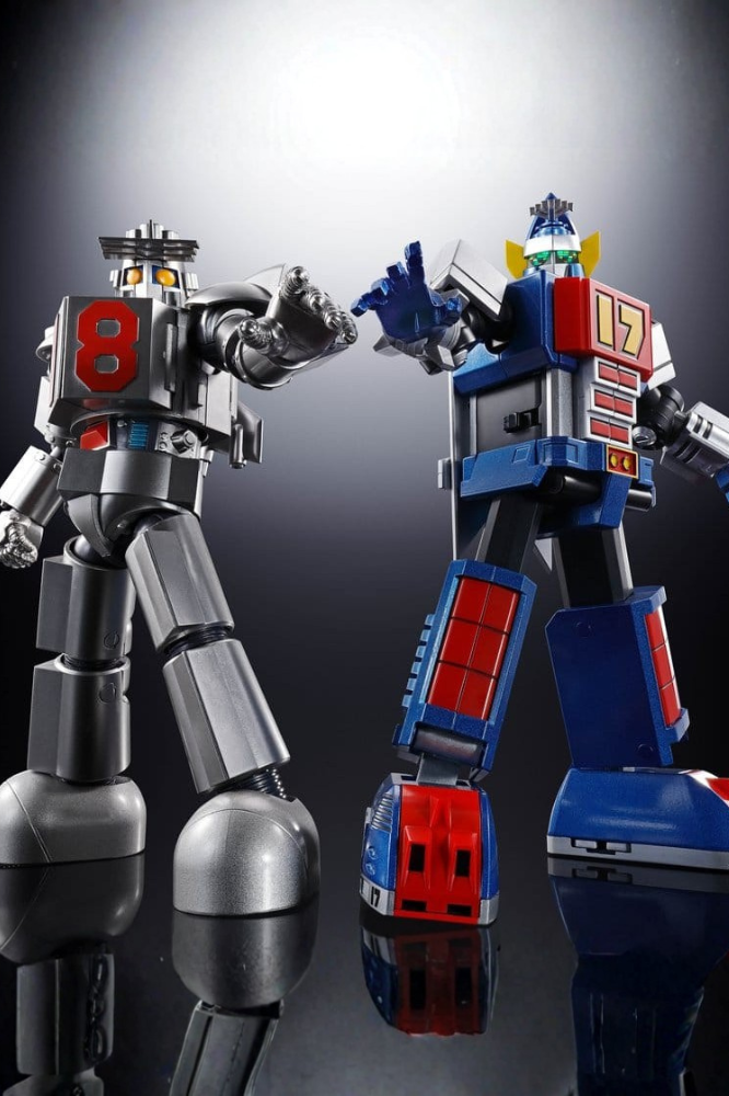 Figura Soul of Chogokin GX-101S de Daitetsujin 17 junto a One-Eight, fabricada por Tamashii Nations en metal diecast, con 18 cm de altura, múltiples accesorios y edición especial del 50.º aniversario.