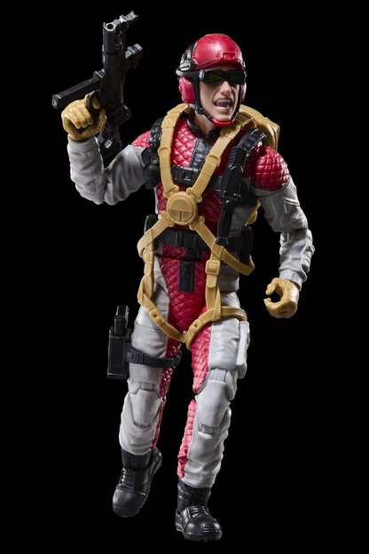 Figura articulada David Crazylegs Thomas G.I. Joe Classified Series Retro de Hasbro, de 15 cm, con uniforme rojo y gris, arnés de paracaidista, mochila y accesorios de combate.