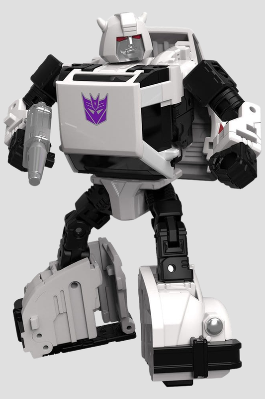 Figura Decepticon Bug Bite Transformers Retro G1 de Hasbro de 10 cm, con diseño blanco y negro, rifle láser extraíble y transformación de robot a coche deportivo en 23 pasos.