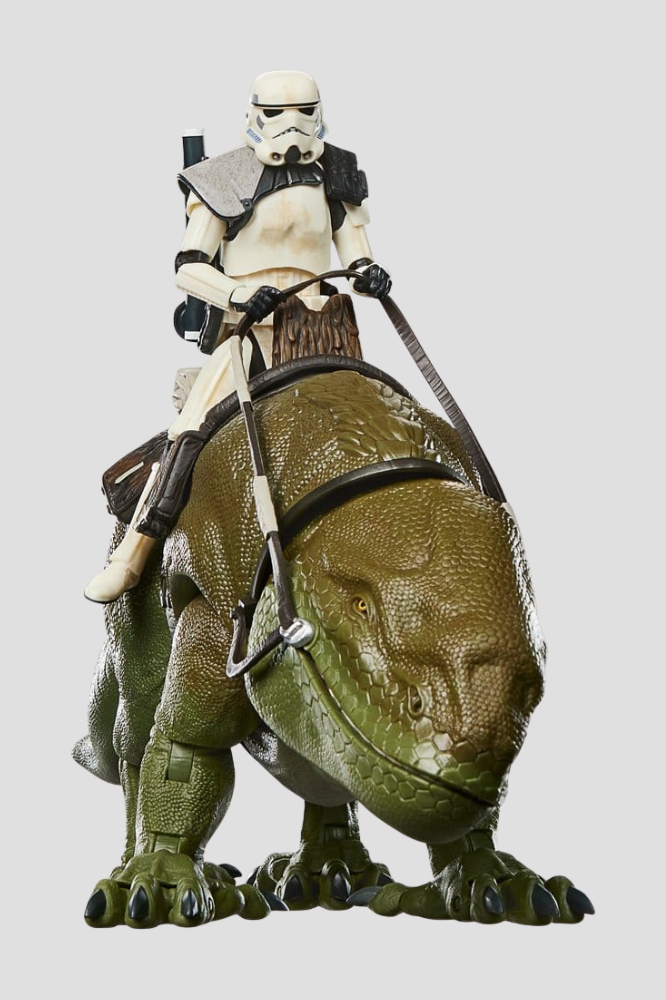 Pack de figuras Dewback y Sandtrooper Star Wars The Black Series de Hasbro, basado en Episodio IV Una nueva esperanza, con soldado imperial de 15 cm montado sobre un Dewback con equipamiento de patrulla de Tatooine.