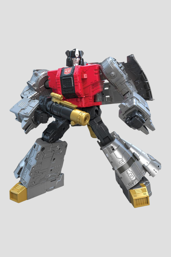 Figura Dinobot Sludge de Transformers The Movie Studio Series 86-15 Leader Class de Hasbro, 22 cm, transformable en brontosaurio, con arma y fondo decorativo.