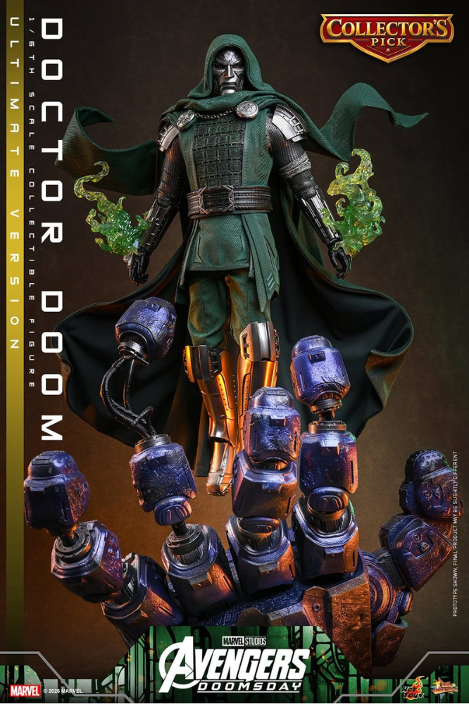 Figura Hot Toys Doctor Doom Ultimate Version de Avengers: Doomsday a escala 1/6, con aproximadamente 31 cm de altura y base de diorama.