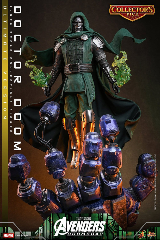 Figura Hot Toys Doctor Doom Ultimate Version de Avengers: Doomsday a escala 1/6, con aproximadamente 31 cm de altura y base de diorama.